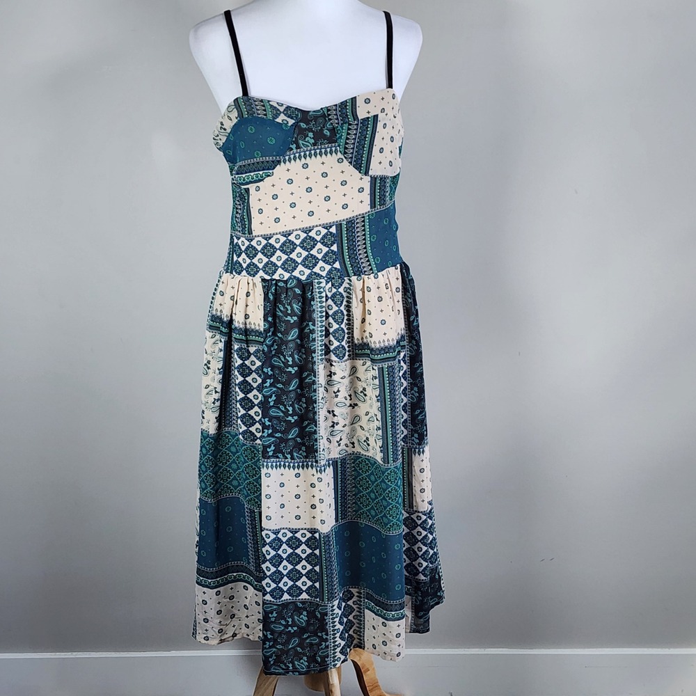 Patchwork Print Midi Dress Womens XXL Blue Paisley Smocked Back Boho Festival